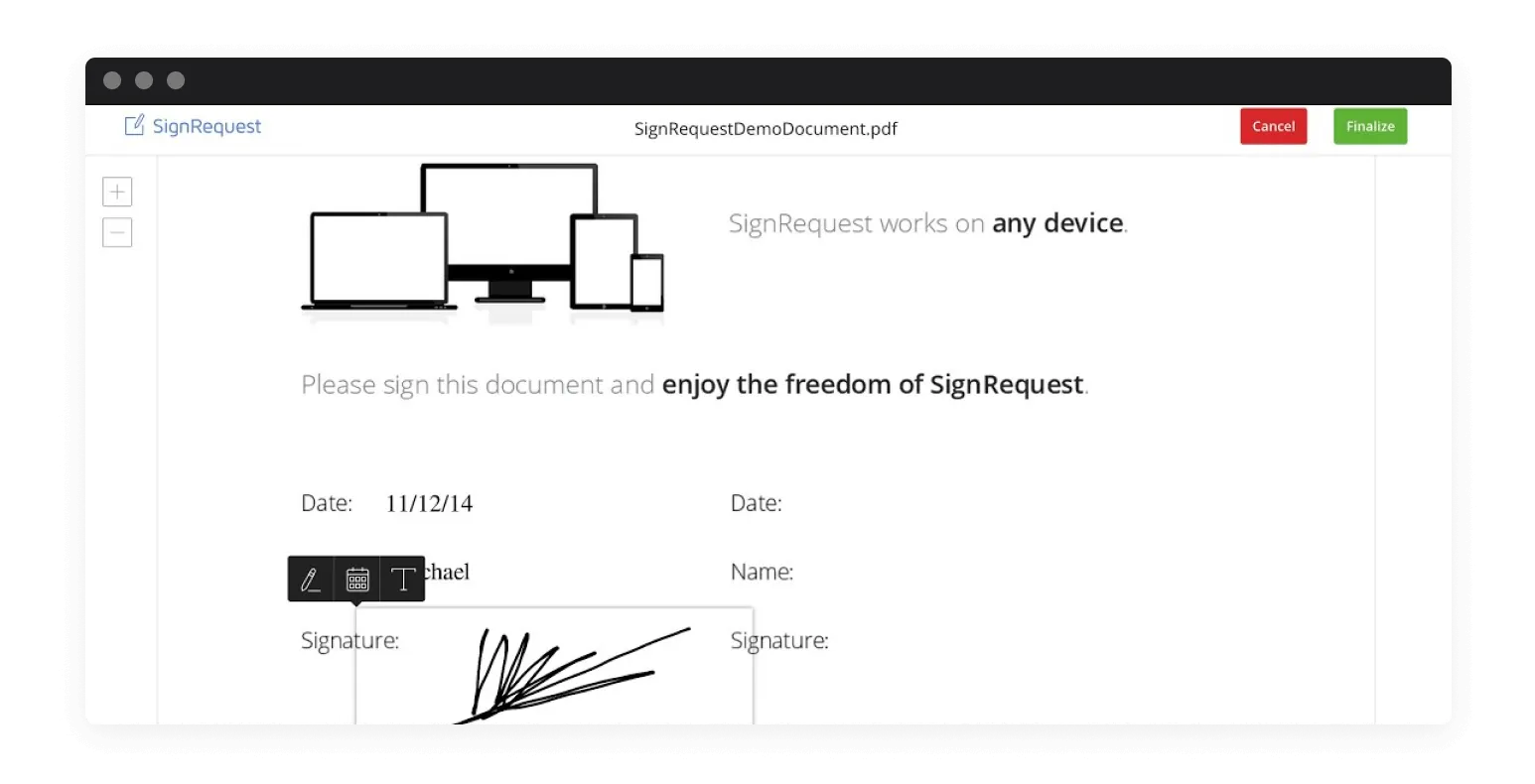 Screenshot of SignRequest to send remote job offers