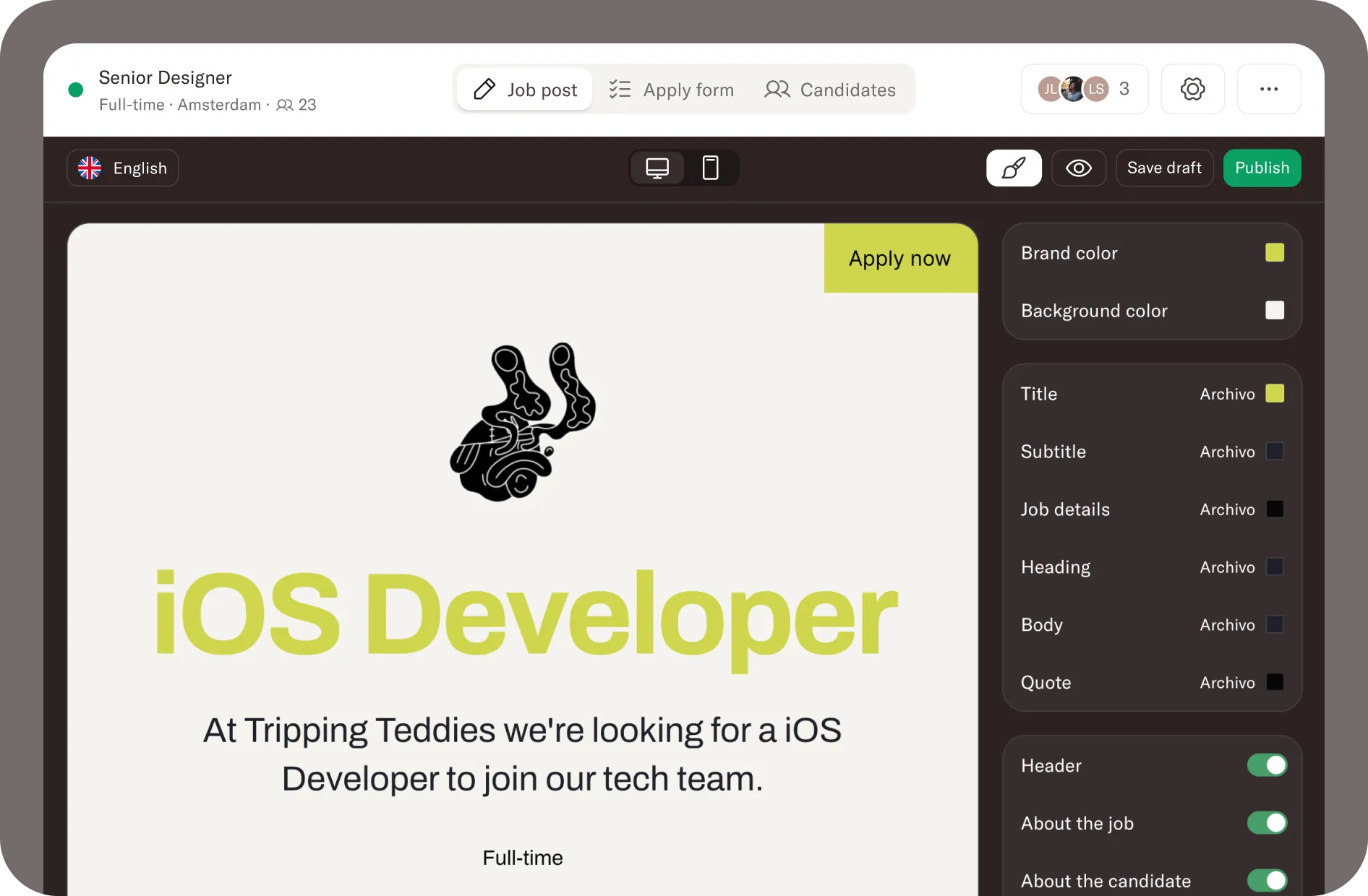 WYSIWYG job posting editor in Homerun.