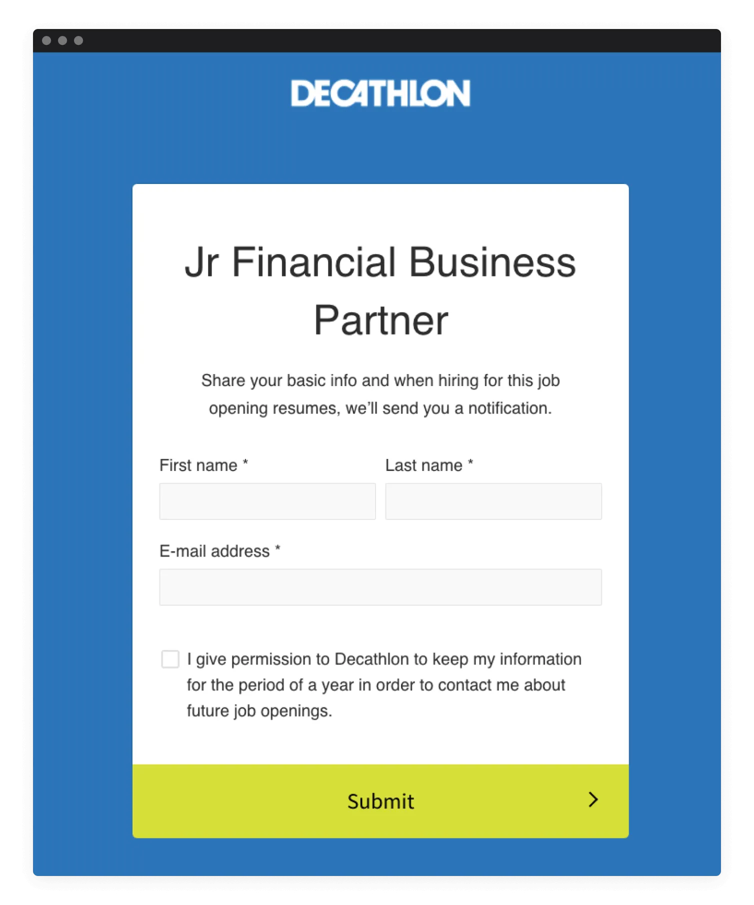 Image of Decathlon job application form made using Homerun's hiring software.