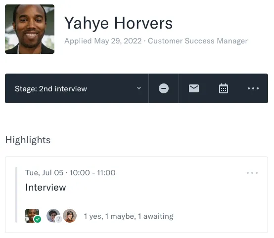 Screenshot of Homerun event card showing details for an upcoming candidate interview