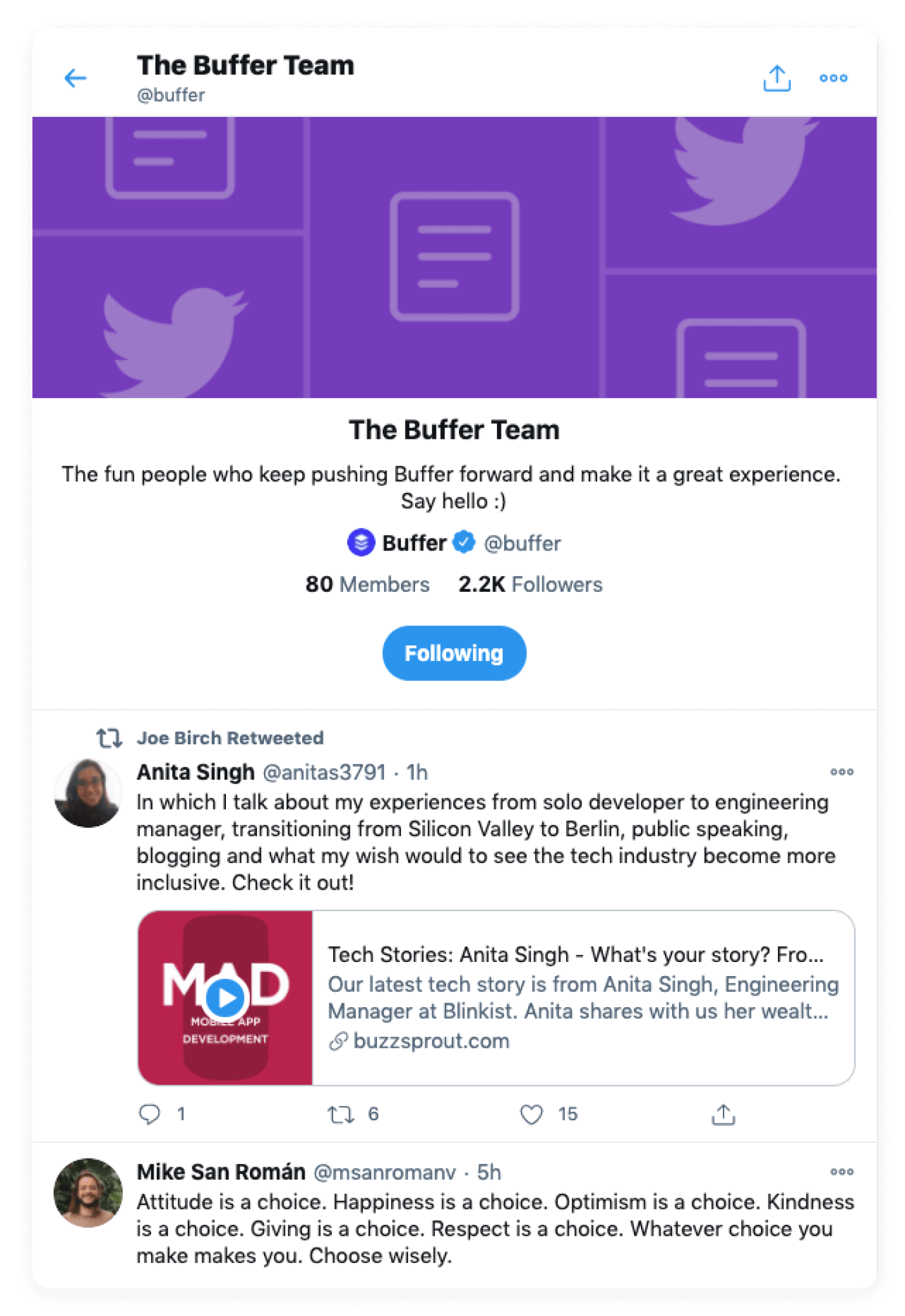 Image of the Buffer team's Twitter account