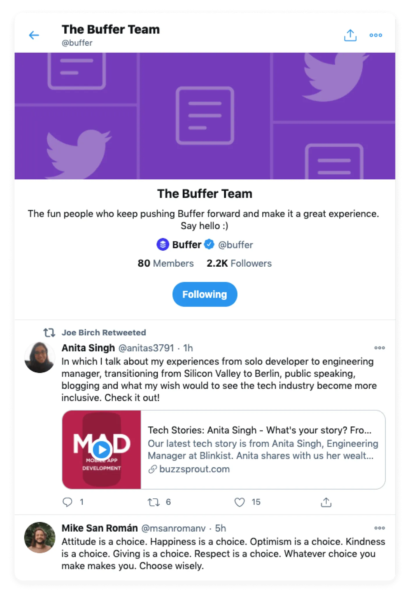 Image of the Buffer team's Twitter account