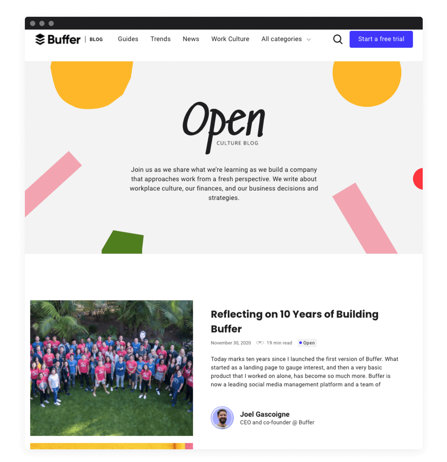 Screenshot of Buffer's blog about their company.