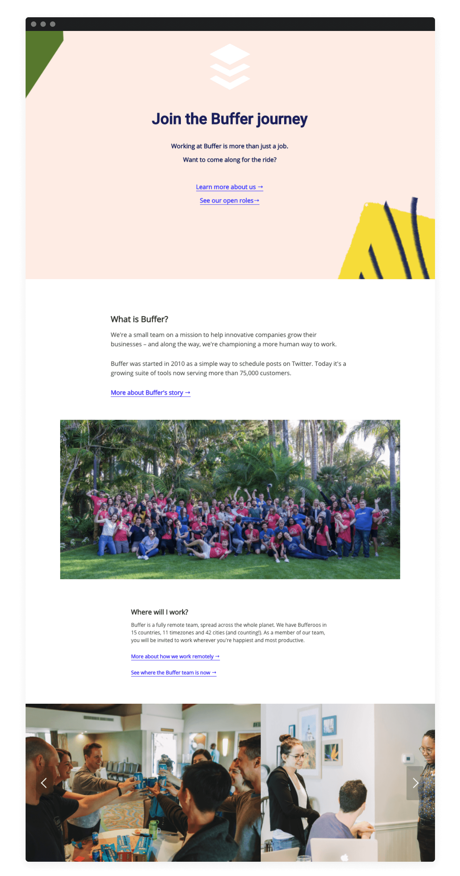 Screenshot of Buffer's engaging career page with an about section, a photo of the team at an event, and photos of people at the office.