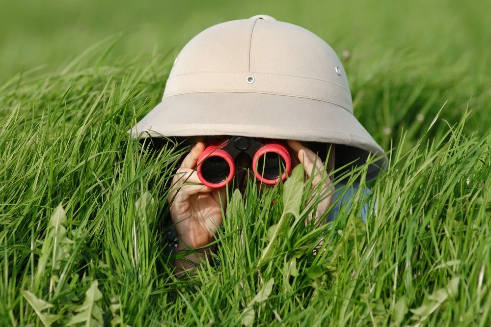 Kind mit Tropenhelm schaut mit dem Fernglas durchs hohe Gras – auf der Suche nach der Ursache