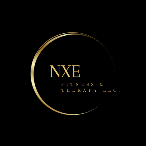 Gold circular outline with the text 'NXE Fitness & Therapy LLC.' in gold on a black background.