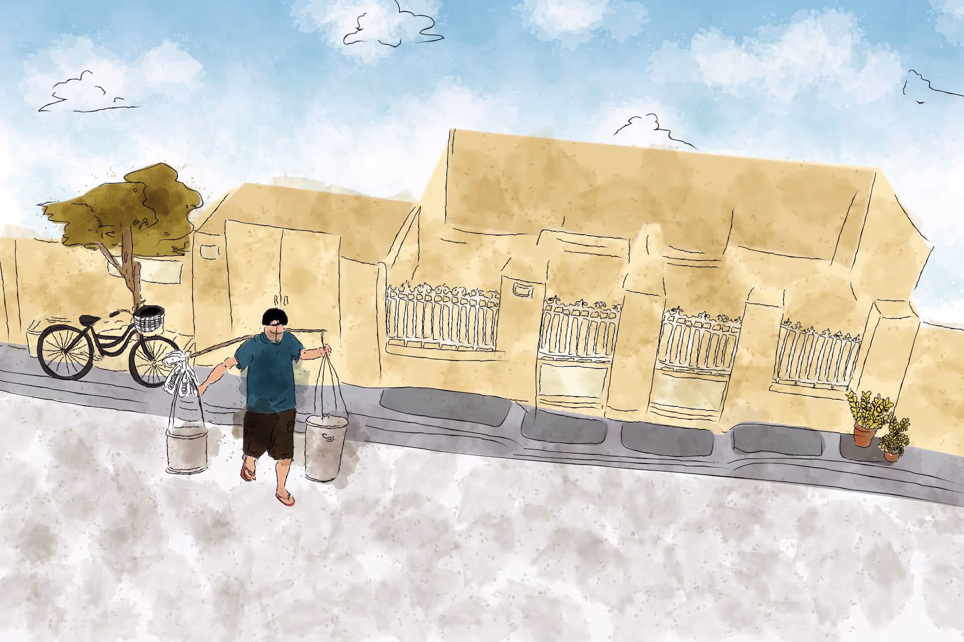 Illustration of a taho vendor outside a house, art by Isabela Ferrer
