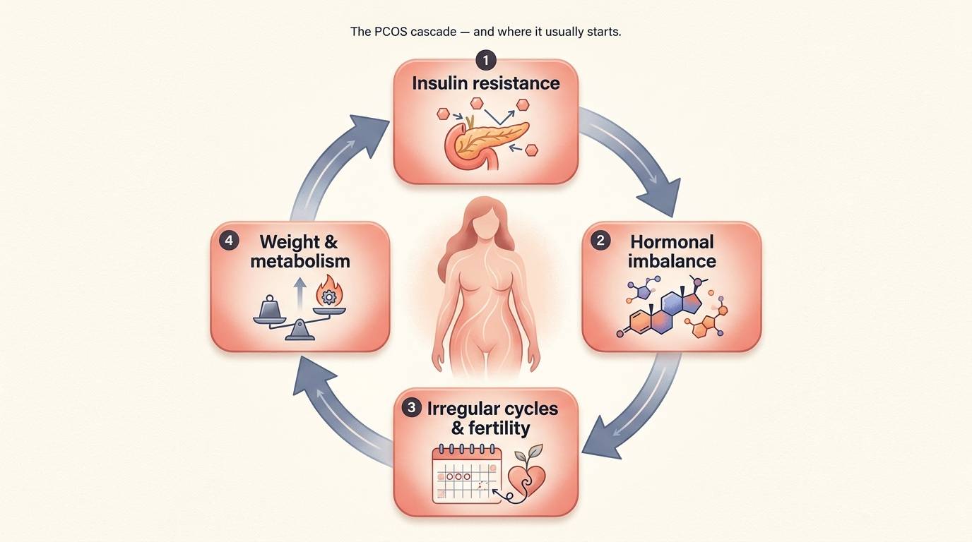 Diagram of the PCOS cascade showing how insulin resistance drives hormonal imbalance, irregular cycles, fertility challenges, and weight changes in a connected loop.