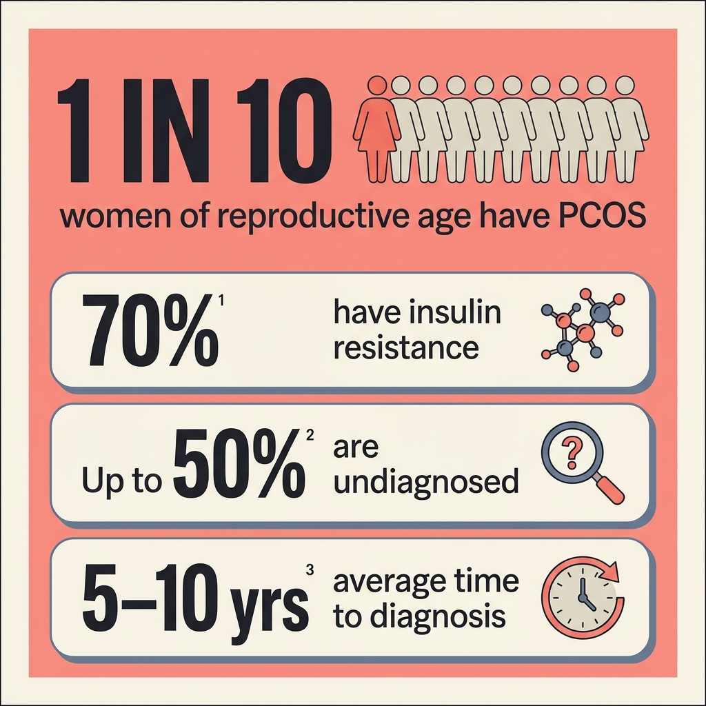 Stat card: 1 in 10 women of reproductive age have PCOS; 70% have insulin resistance; up to 50% are undiagnosed; average time to diagnosis is 5 to 10 years.