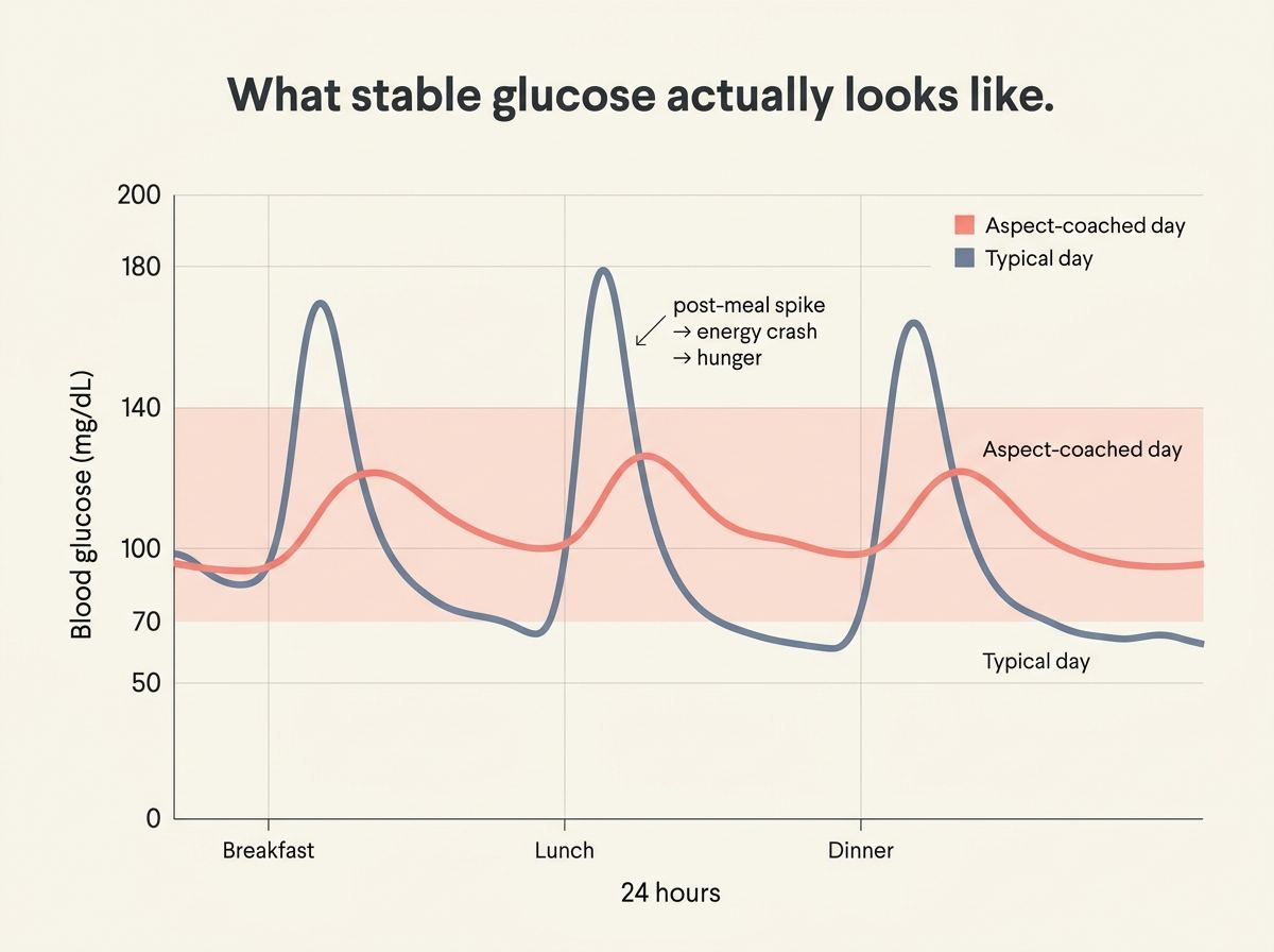Chart comparing 24-hour blood glucose curves: a stable Aspect-coached day staying inside the target range versus a typical spiking day with sharp post-meal peaks and crashes.