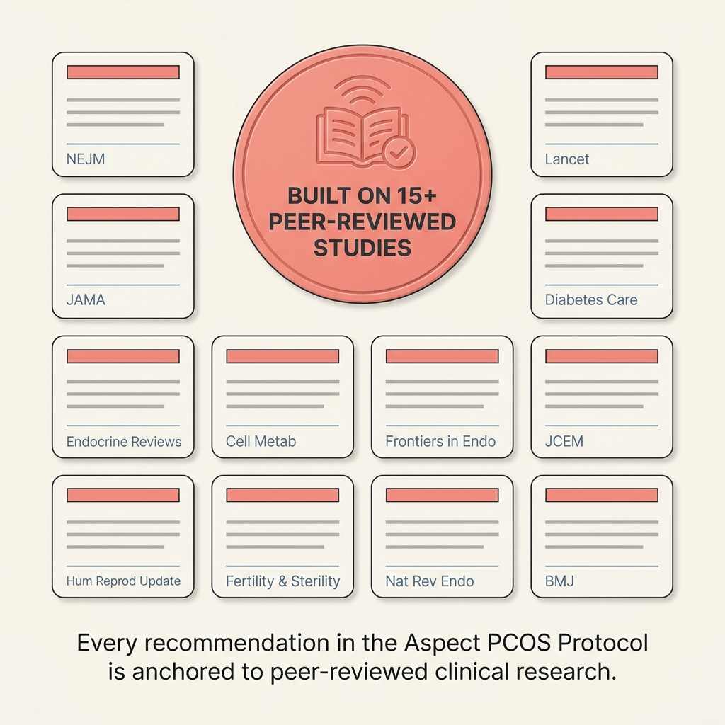 A wall of 12 stylized peer-reviewed study cards beneath a "Built on 15+ peer-reviewed studies" badge, representing the research base of the Aspect PCOS Protocol.