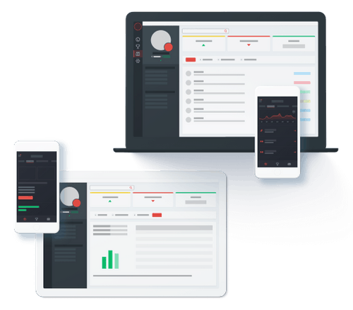 Laptop, tablet, and phones displaying data