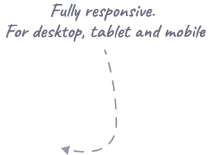 Texto en cursiva que dice 'Totalmente adaptable. Para escritorio, tableta y móvil' con una flecha curva punteada hacia la parte inferior izquierda.