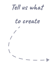 Texto gris con la frase 'Dinos qué crear' y una línea punteada curvada que termina en una flecha apuntando hacia la derecha.