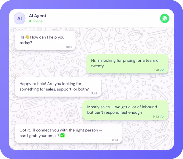 Chat between AI Agent and user about inbound leads, showing lead profile with pain, volume, segment, and intent details.