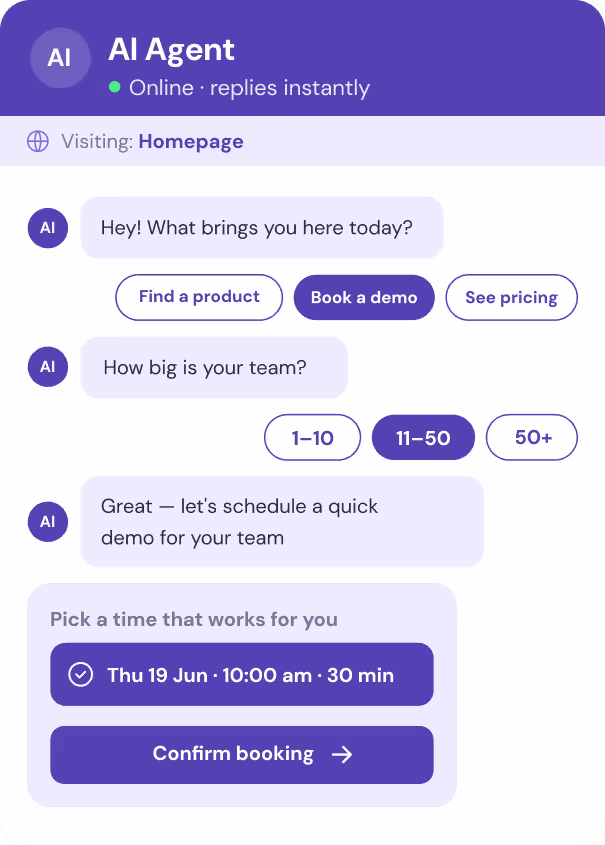 Chat between AI Agent and user about inbound leads, showing lead profile with pain, volume, segment, and intent details.