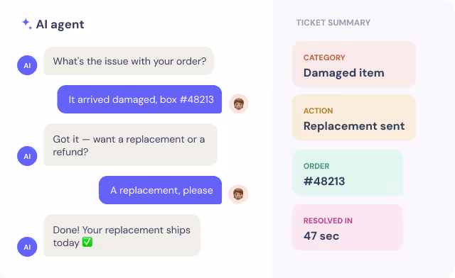 Chat between AI Agent and user about inbound leads, showing lead profile with pain, volume, segment, and intent details.