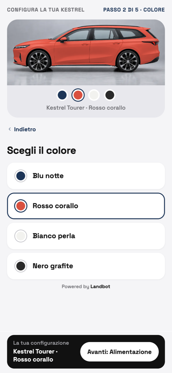 Car configurator: the photo turns coral red when the visitor picks that colour
