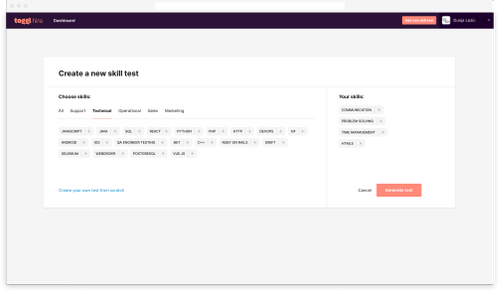 Sked Social skills test setup on Toggl Hire