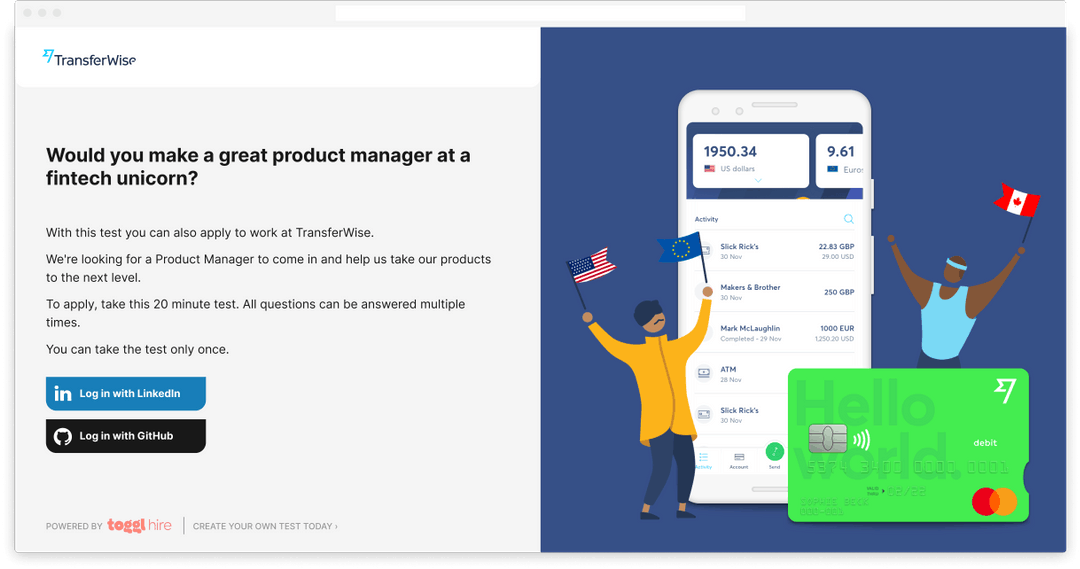 Refresh landing page for a skills test on Toggl Hire