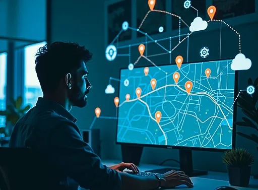 Logístico na frente de um laptop, revendo custos e otimizando processos de entrega