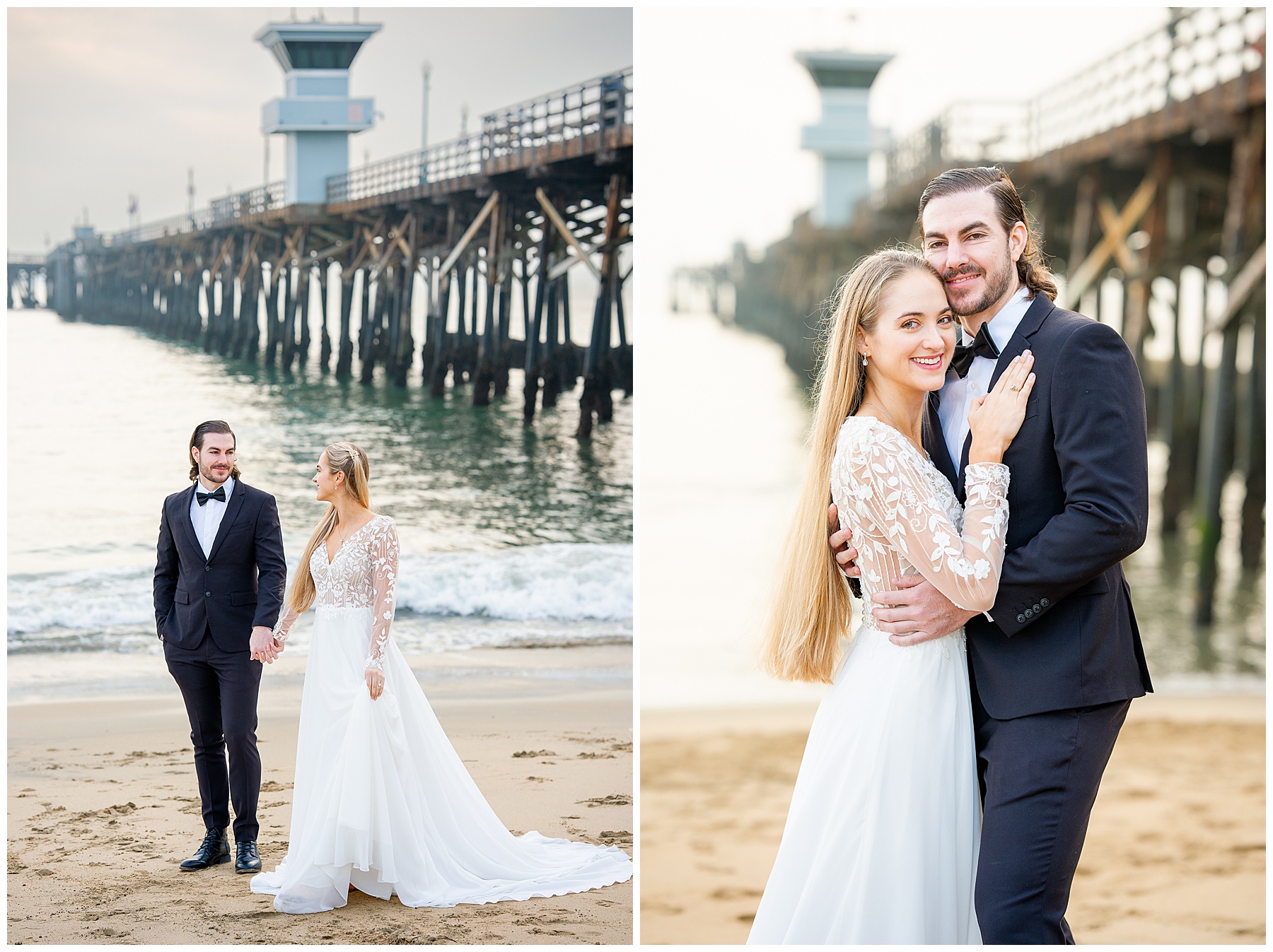 Romantic Seal Beach engagement portraits with a second-hand white dress, fitted white gown, and classic black suit. Coastal wedding photography with playful movement.