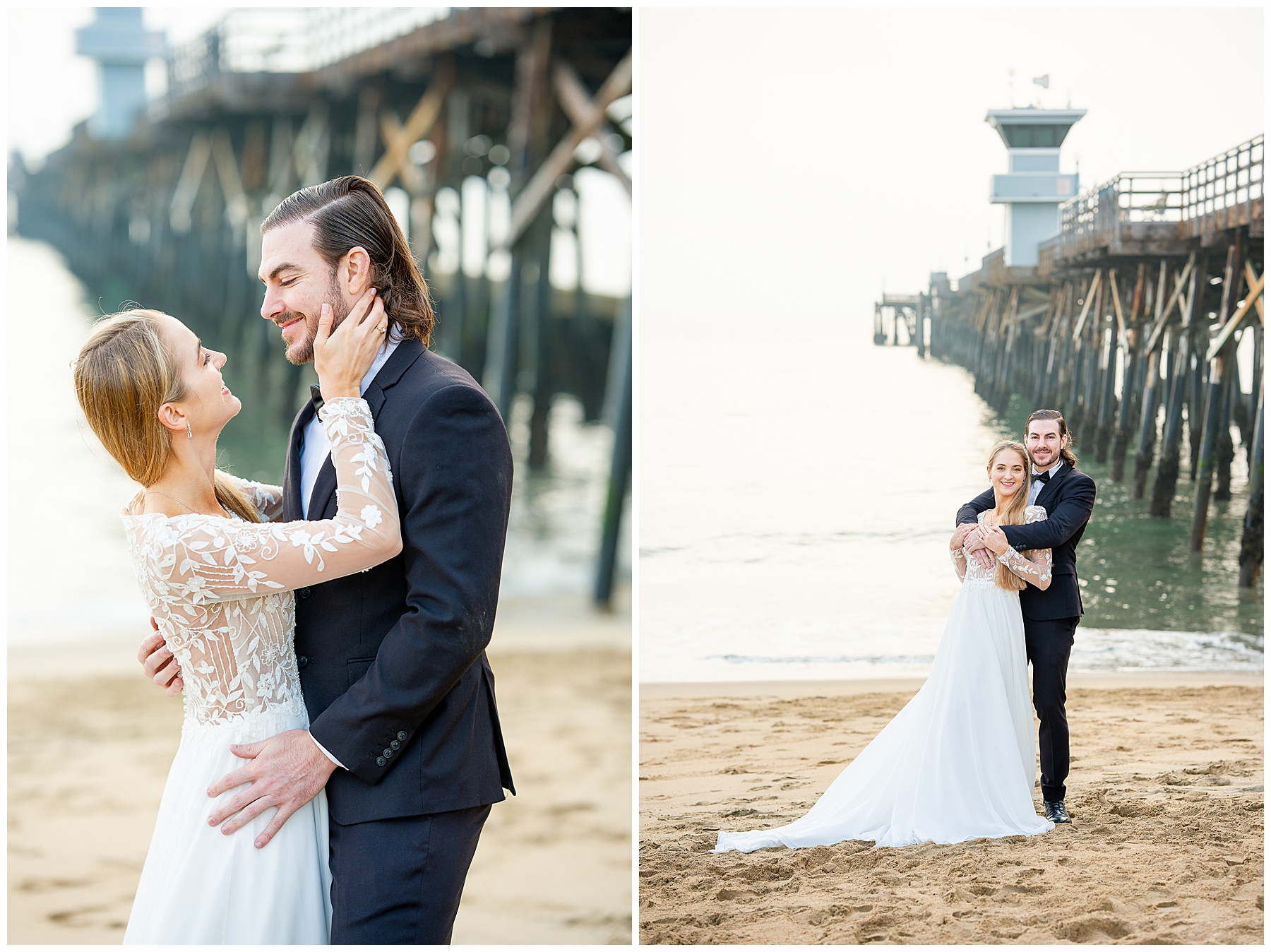 Romantic Seal Beach engagement portraits with a second-hand white dress, fitted white gown, and classic black suit. Coastal wedding photography with playful movement.