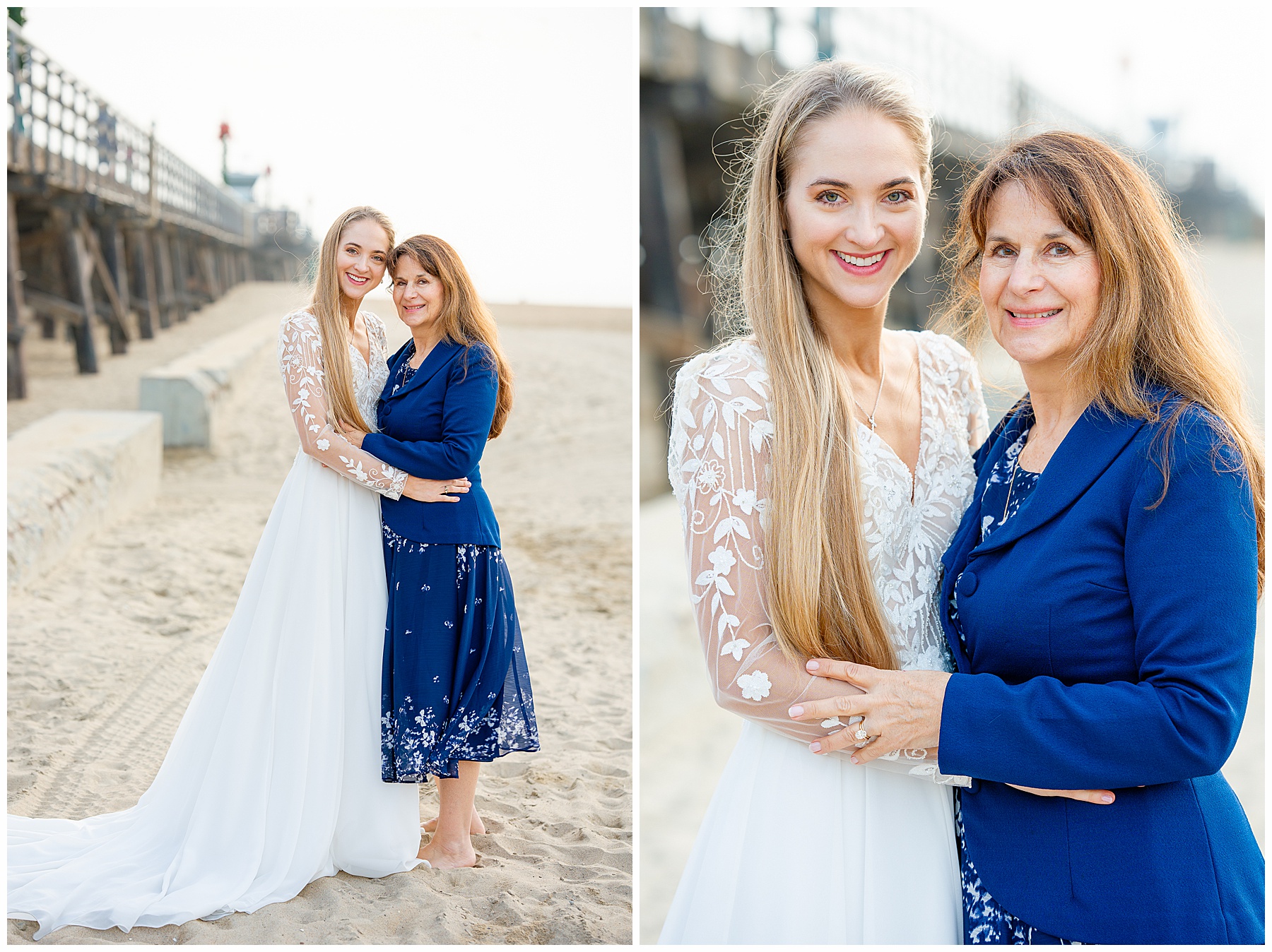 Romantic Seal Beach engagement portraits with a second-hand white dress, fitted white gown, and classic black suit. Coastal wedding photography with playful movement.