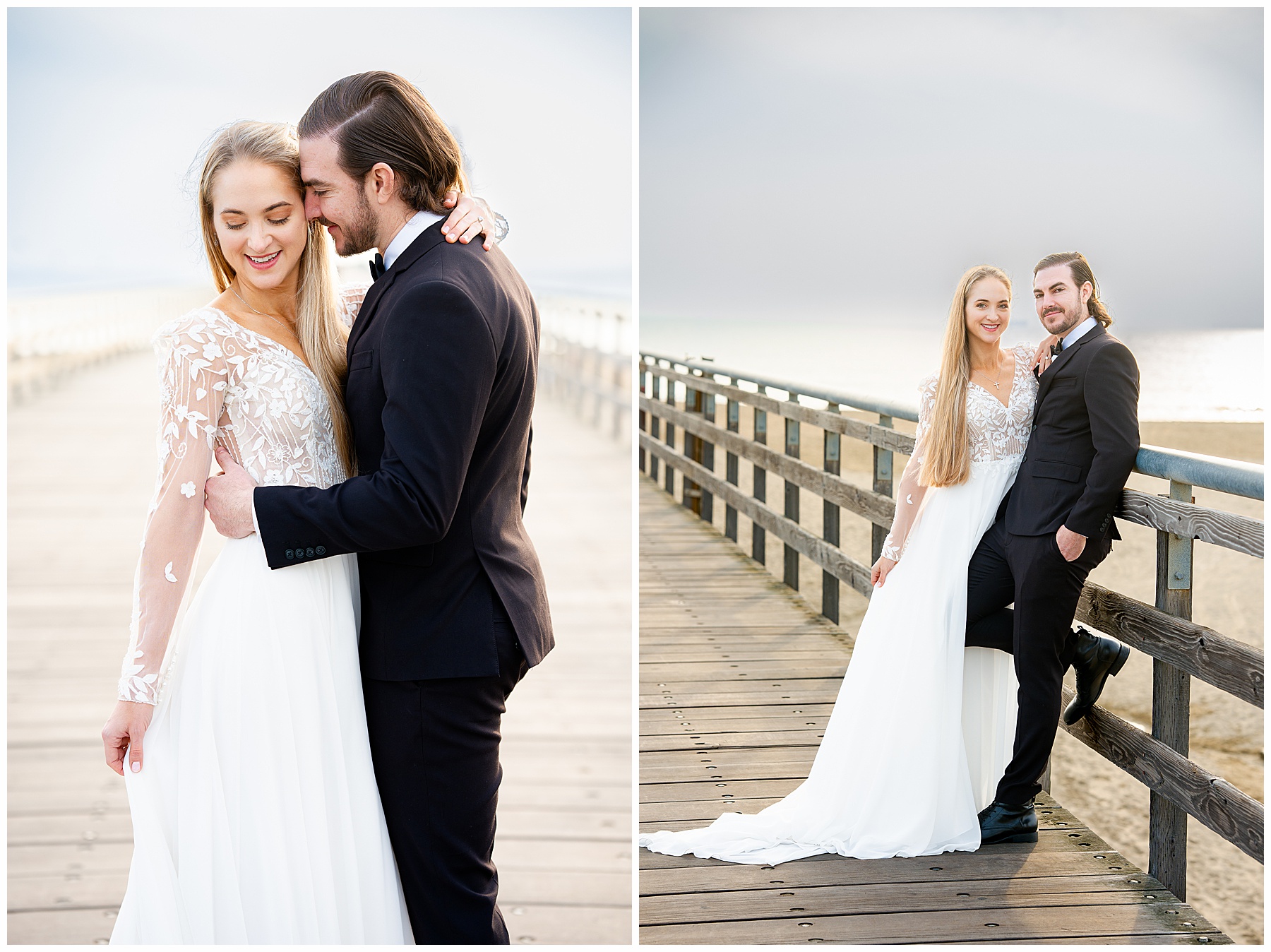 Romantic Seal Beach engagement portraits with a second-hand white dress, fitted white gown, and classic black suit. Coastal wedding photography with playful movement.