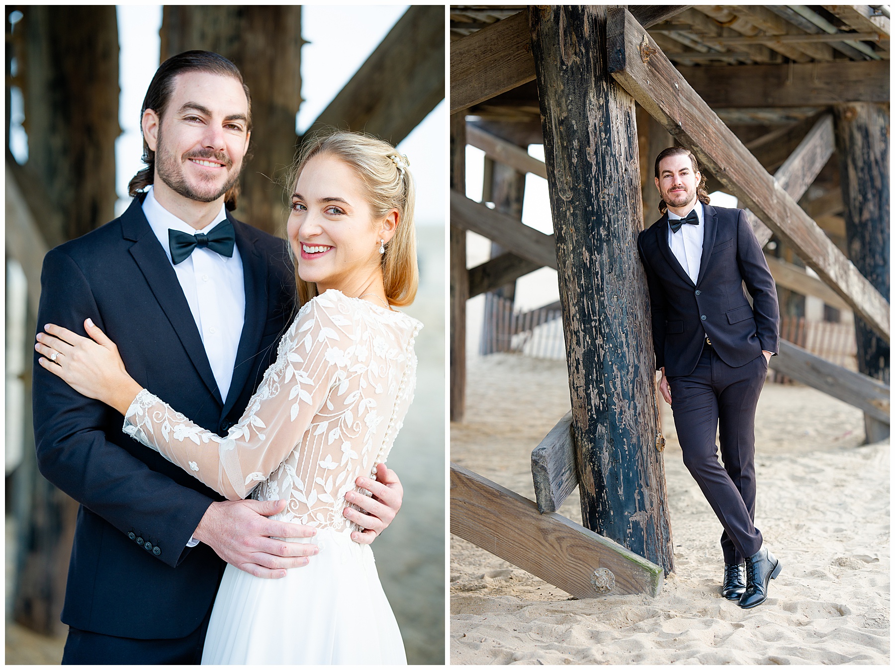 Romantic Seal Beach engagement portraits with a second-hand white dress, fitted white gown, and classic black suit. Coastal wedding photography with playful movement.