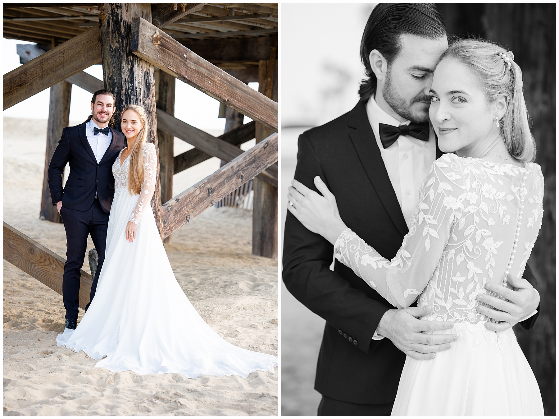 Romantic Seal Beach engagement portraits with a second-hand white dress, fitted white gown, and classic black suit. Coastal wedding photography with playful movement.