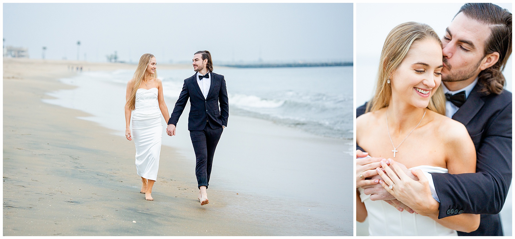 Romantic Seal Beach engagement portraits with a second-hand white dress, fitted white gown, and classic black suit. Coastal wedding photography with playful movement.