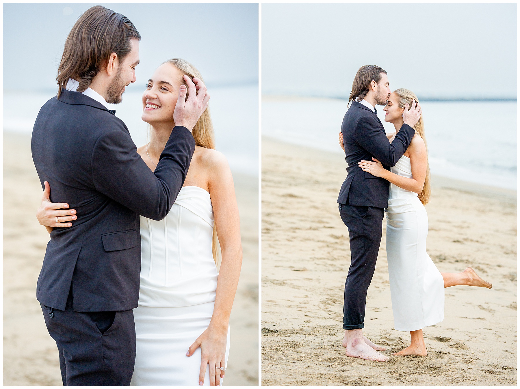 Romantic Seal Beach engagement portraits with a second-hand white dress, fitted white gown, and classic black suit. Coastal wedding photography with playful movement.