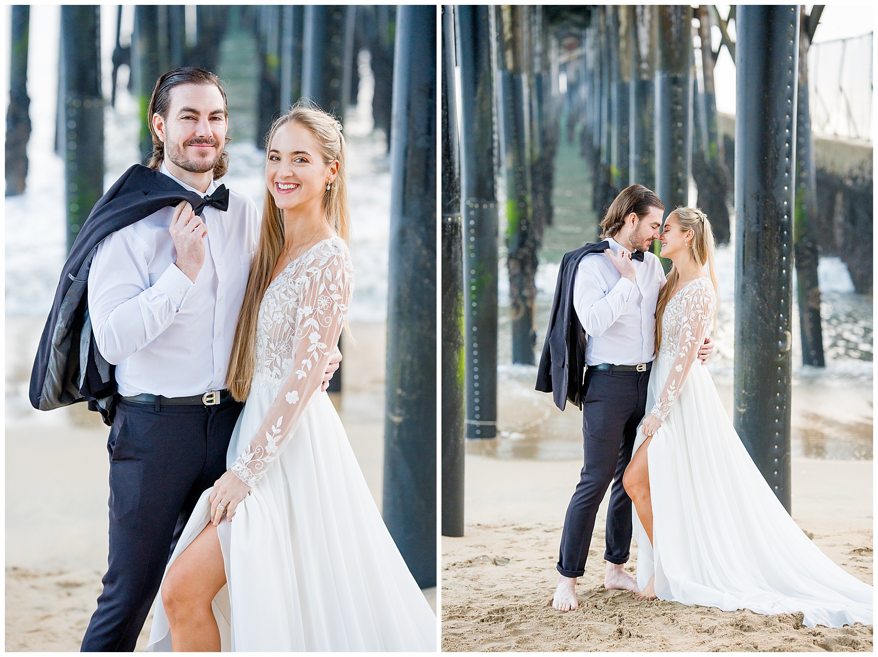 Romantic Seal Beach engagement portraits with a second-hand white dress, fitted white gown, and classic black suit. Coastal wedding photography with playful movement.