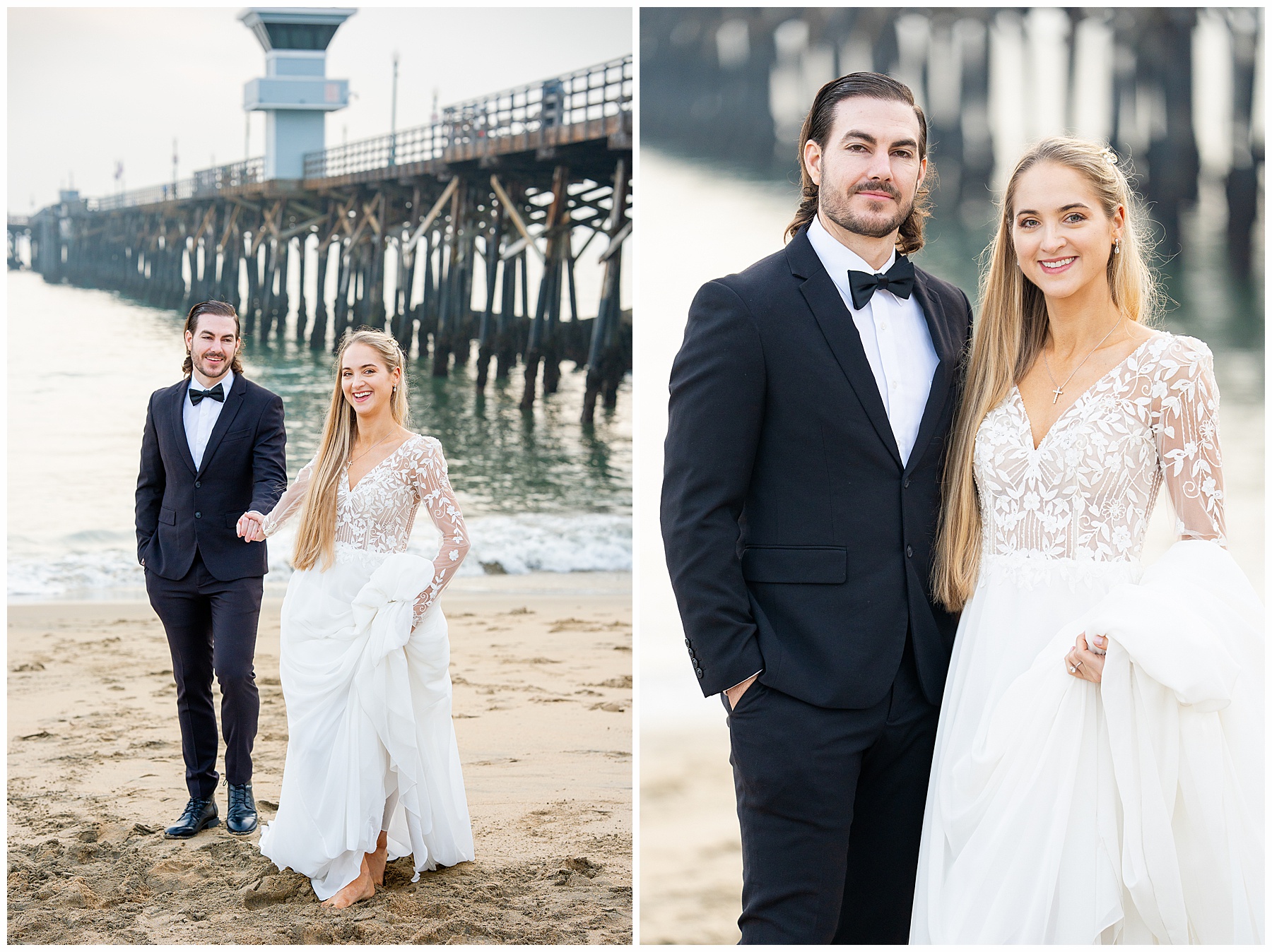 Romantic Seal Beach engagement portraits with a second-hand white dress, fitted white gown, and classic black suit. Coastal wedding photography with playful movement.