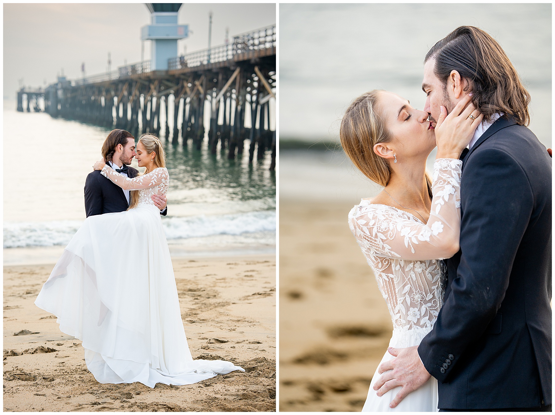 Romantic Seal Beach engagement portraits with a second-hand white dress, fitted white gown, and classic black suit. Coastal wedding photography with playful movement.