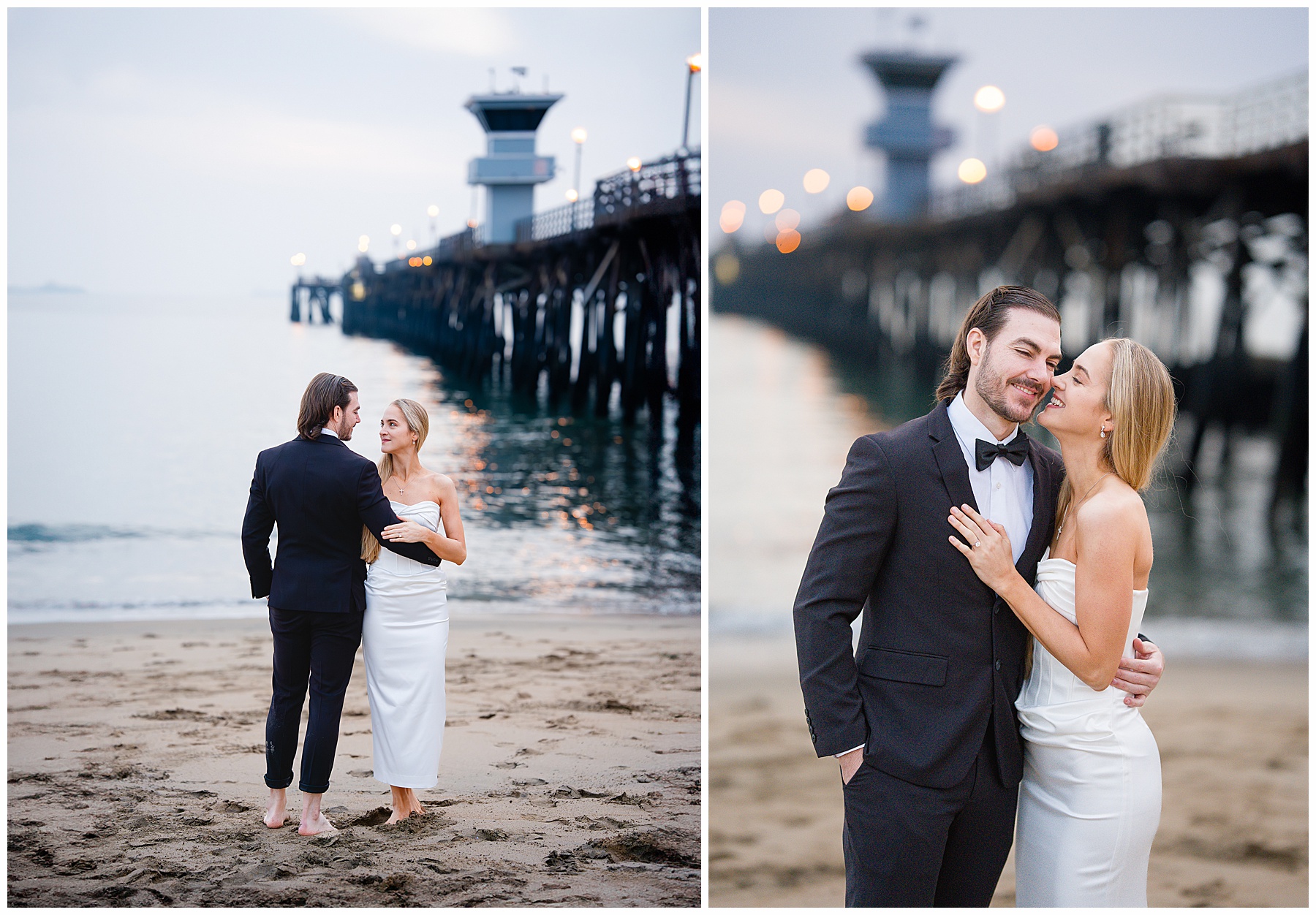 Romantic Seal Beach engagement portraits with a second-hand white dress, fitted white gown, and classic black suit. Coastal wedding photography with playful movement.
