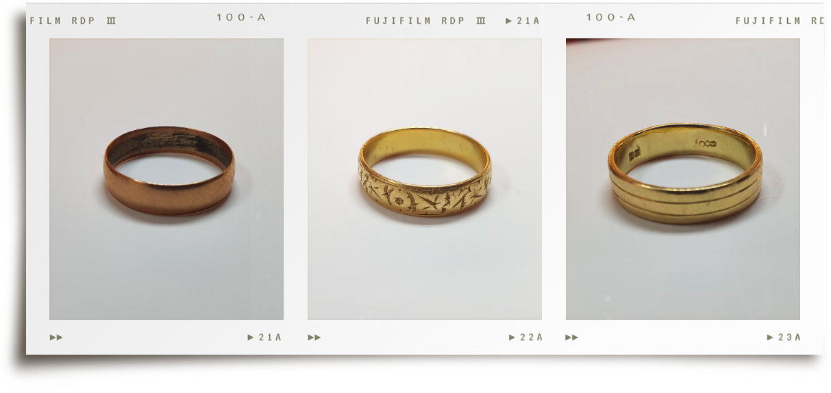 Three old gold wedding rings handed down.