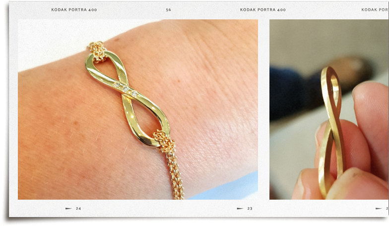 Right hand image shows wedding ring being remodelled into infinity symbol. Left hand image shows finished remodelled infinity symbol.