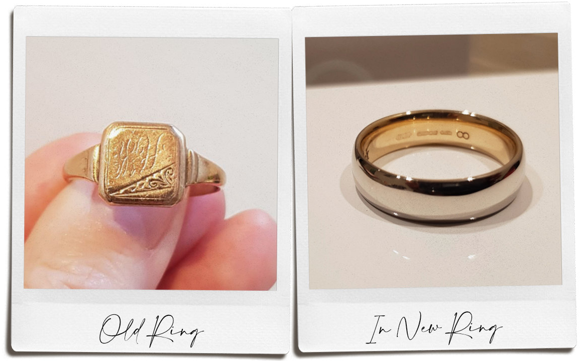 Left hand image of old gold signet ring which is melted and incorporated into new wedding ring in right hand image. This is double sleeving.