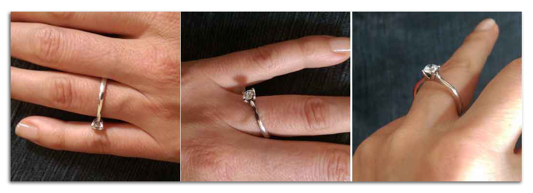 three examples of engagement rings that are too big and slipping down the finger