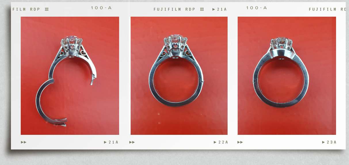 hinged engagement and wedding ring shown open and closed