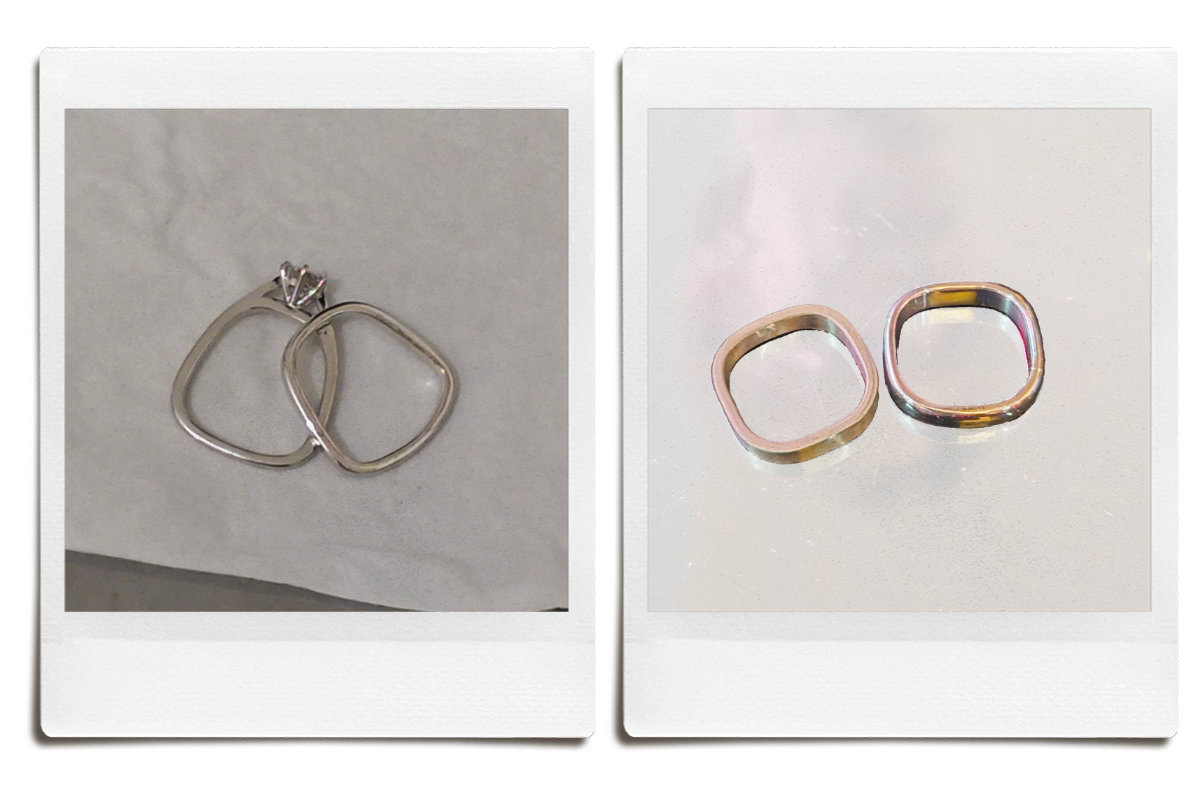 trapezoid and square cushion ring shapes compared to a round ring