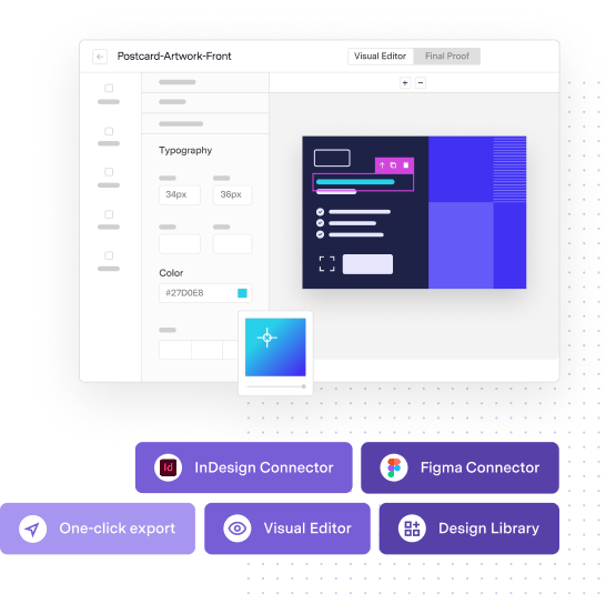 User interface showing postcard artwork editor with typography, color options, and connectors for design tools.