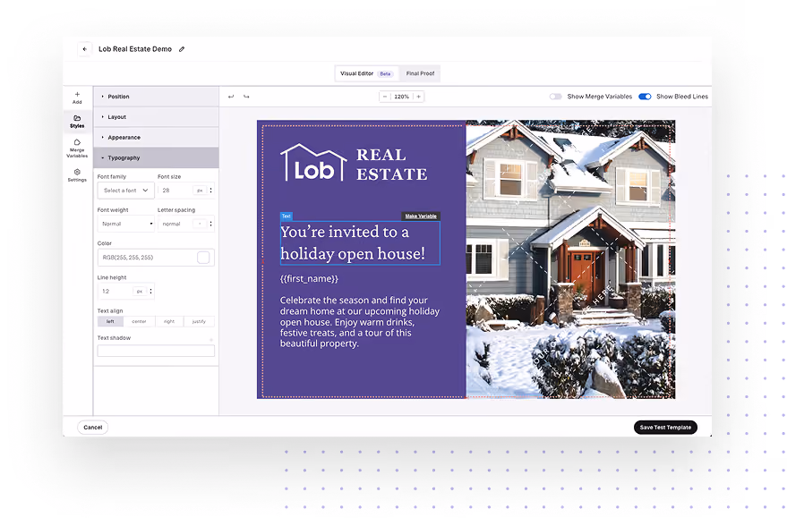 Adobe InDesign screen showing a Lob Real Estate holiday open house postcard template with snowy house photo.