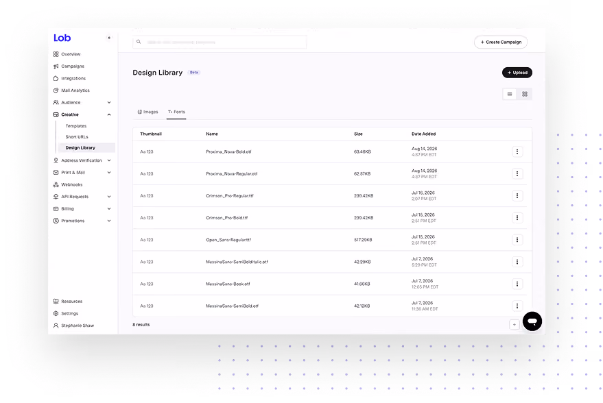 Design Library interface listing font files with names, sizes, and dates added in a web dashboard.