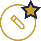 Gold circular icon with a pencil inside and a gold star with a blue center attached to the upper right.