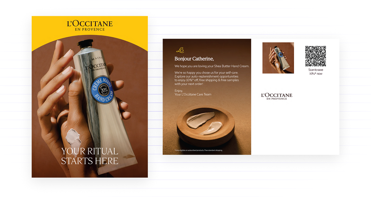 L'Occitane en Provence ad featuring a hand holding a silver tube of Shea Butter Hand Cream with a dollop of cream on the back of the hand and text 'Your Ritual Starts Here'; the back side includes a message to Catherine about enjoying Shea Butter Hand Cream, offers 10% off, free shipping, and samples with the next order, alongside a QR code to save 10%.