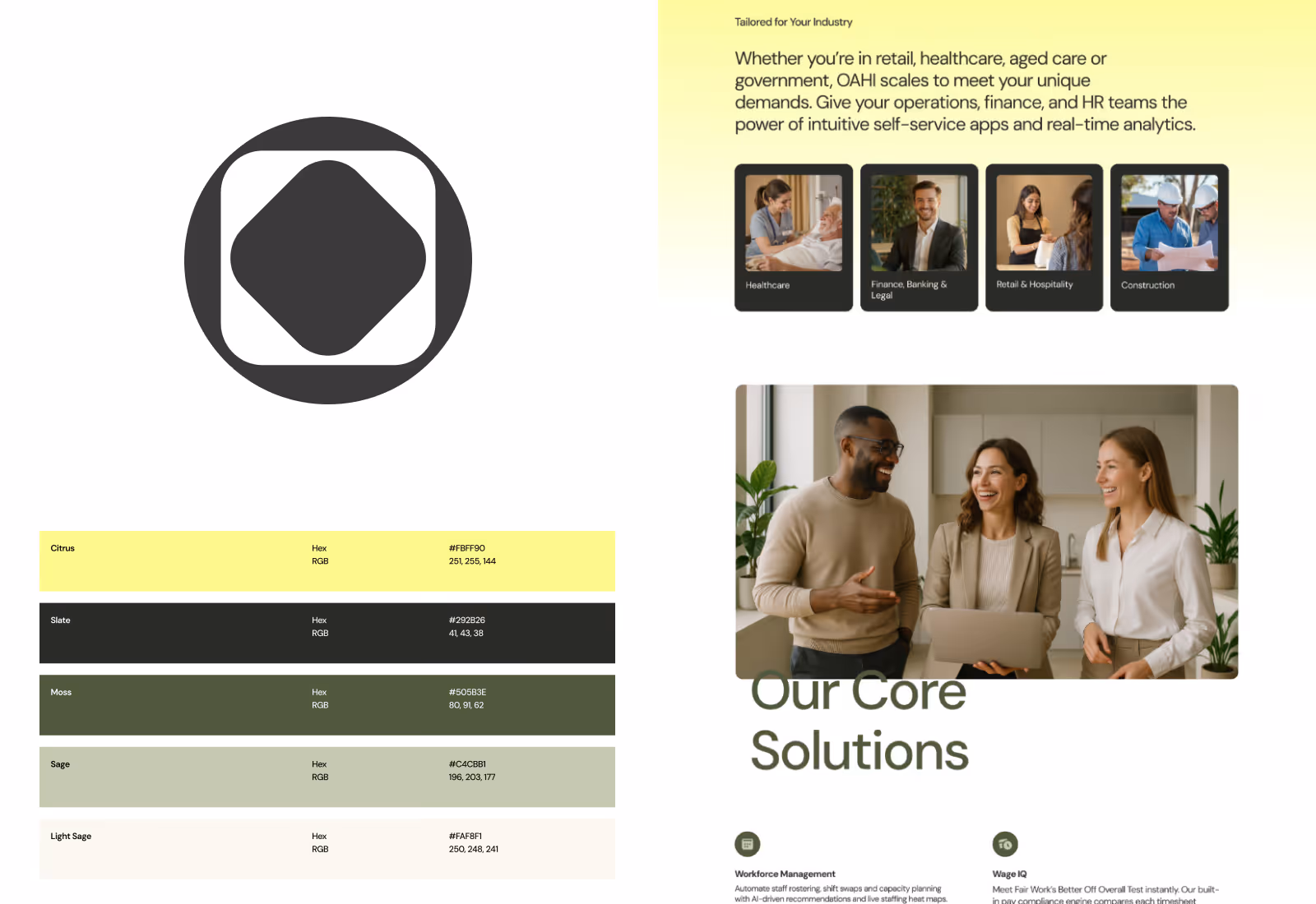 Showcase image of OAHI, featuring brand identity development and Webflow website design