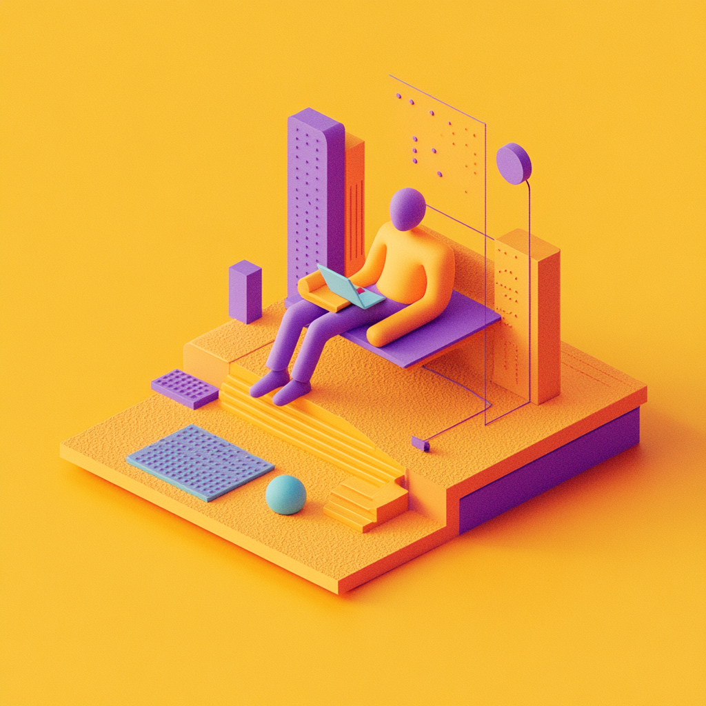 3D style illustration of a person sitting  on a surface, with shapes like spheres, cubes, and columns around them